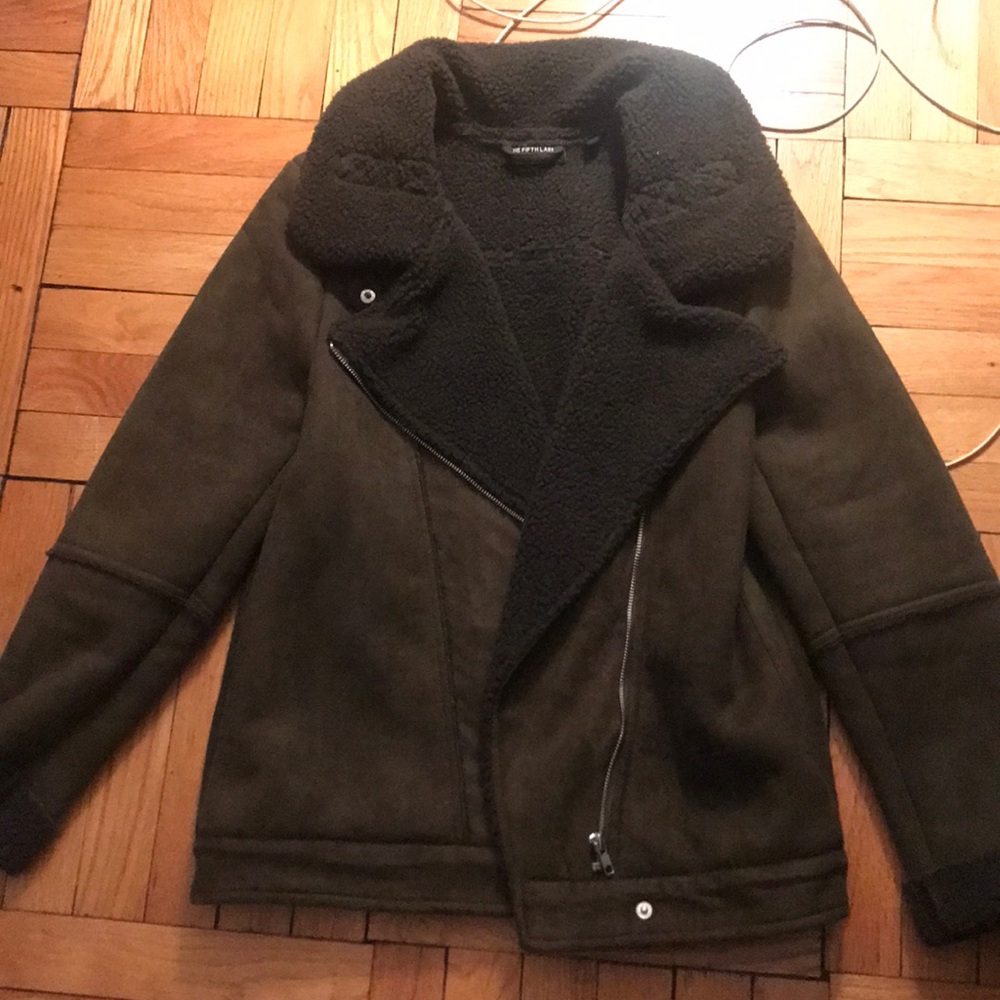 Worn once! green shearling oversized moto jacket!
